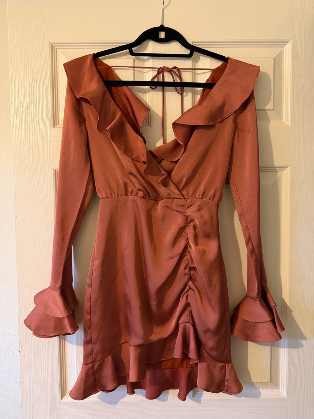 Rust Ruffle Wrap-Front Long-Sleeve Dress